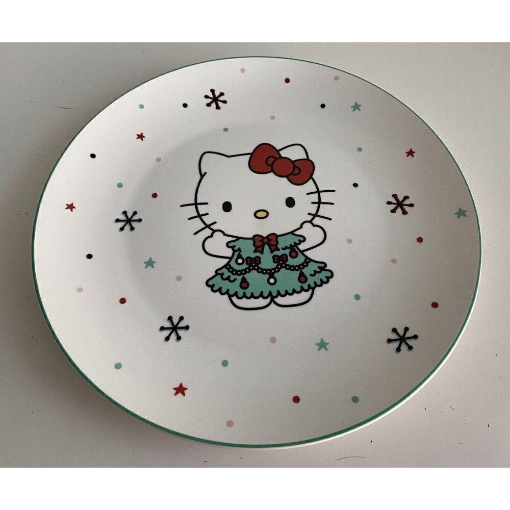 Sanrio Hello Kitty Ceramic Dinner Plate 10.5” Christmas Tree Dress Snowflake NEW